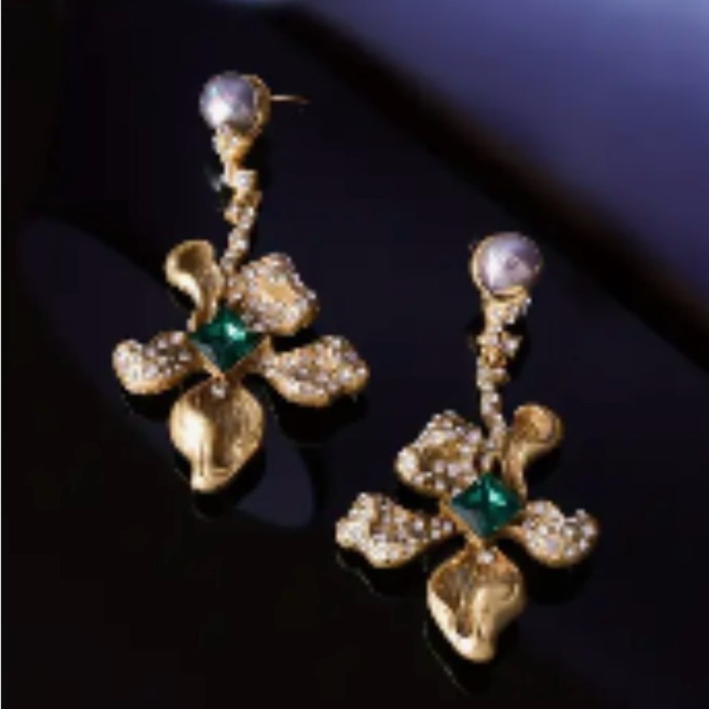 Gold and Green Crystal Floral Earrings